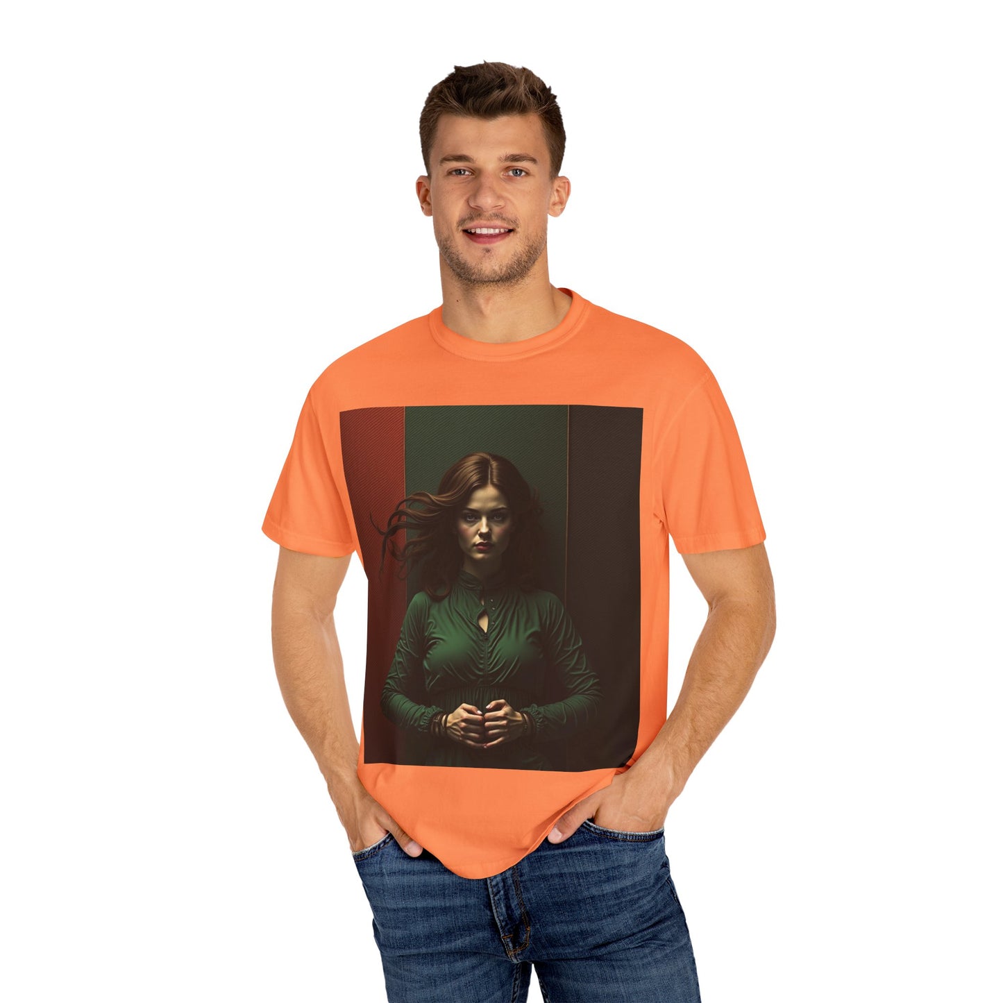 Portrait Photo Tee — Moody Green Woman Graphic T-Shirt