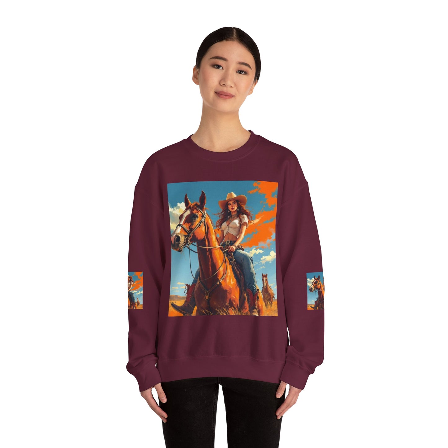 Cowgirl Riding Horse Sweatshirt — Western Sunset Graphic Crewneck