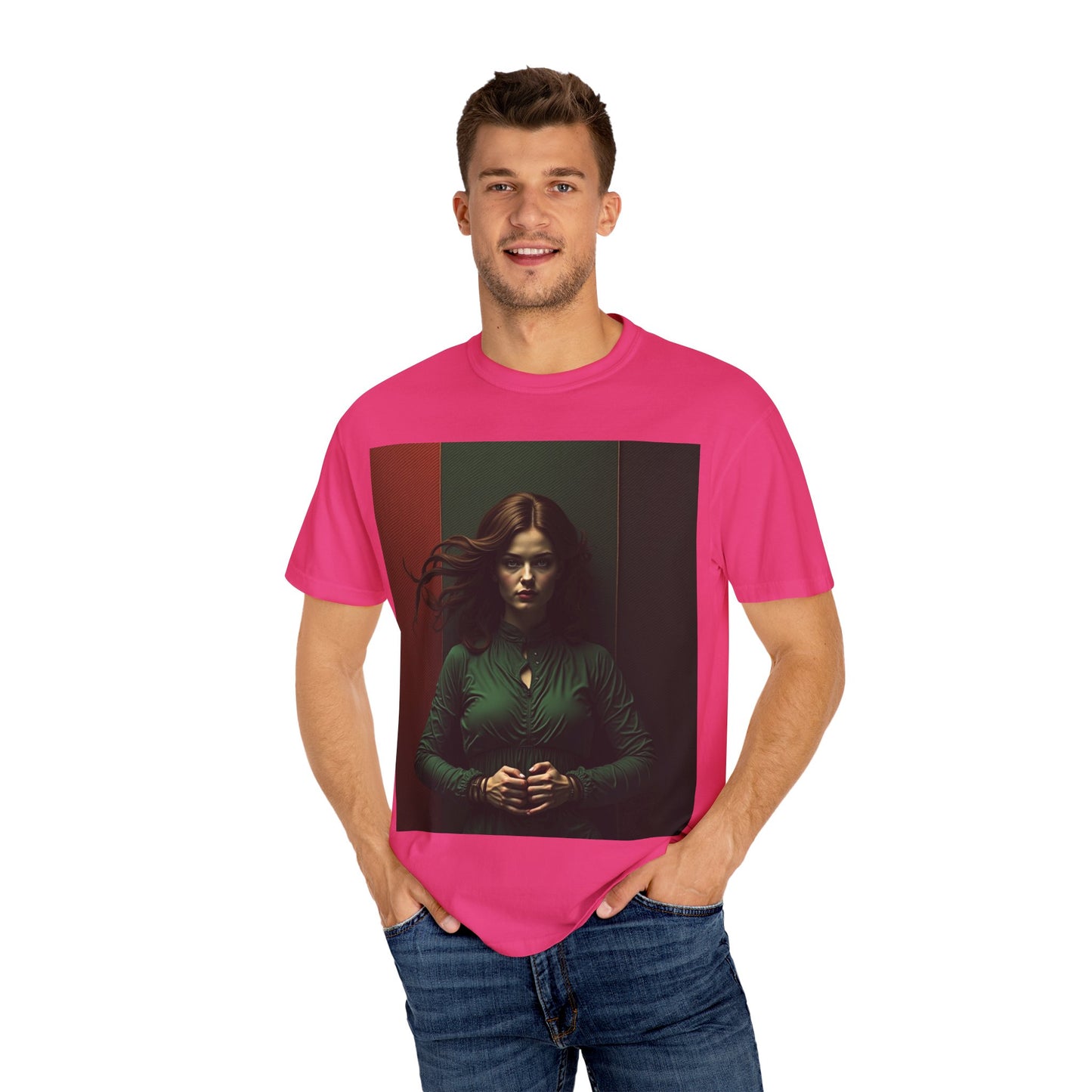Portrait Photo Tee — Moody Green Woman Graphic T-Shirt