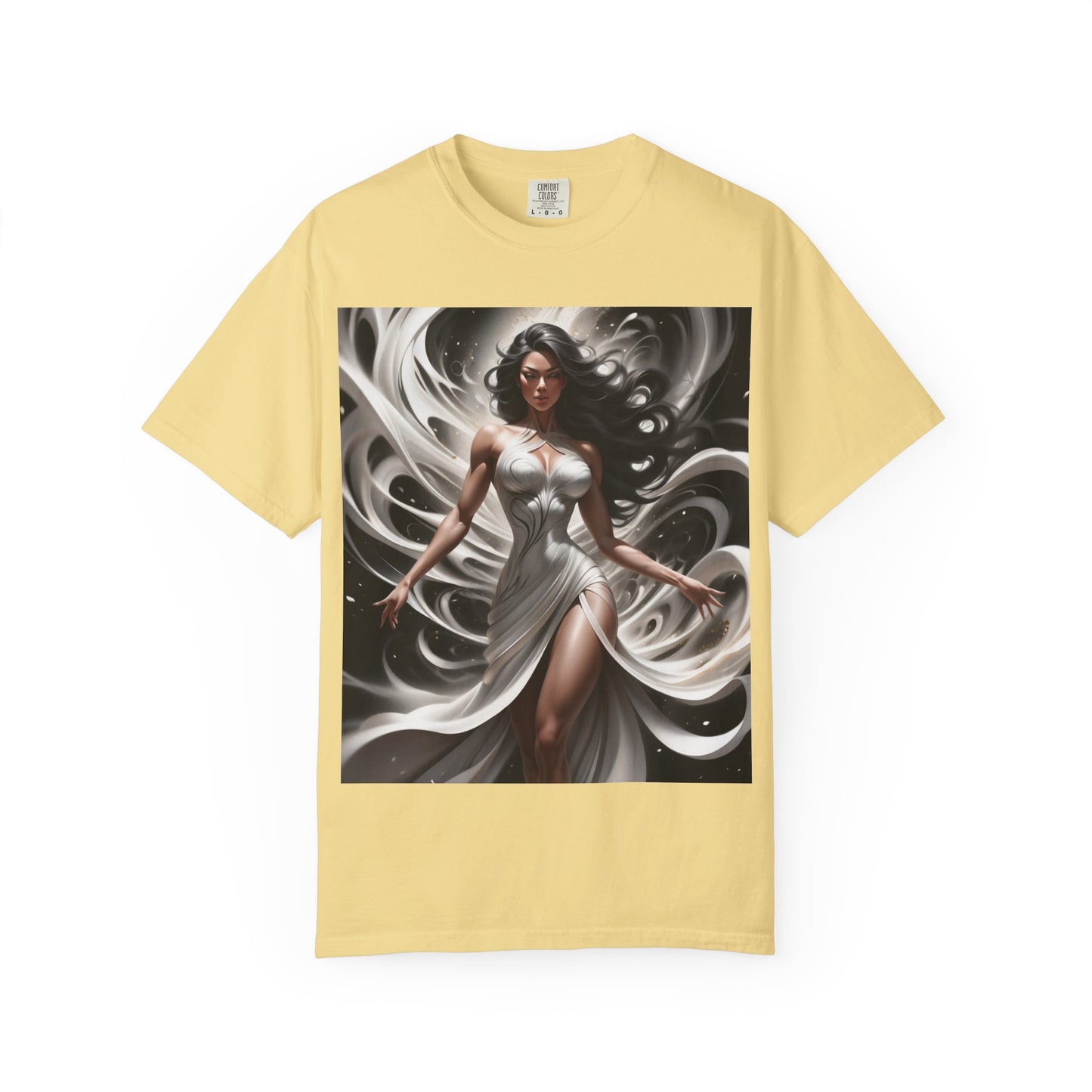 Goddess Art T-Shirt — Elegant White-Draped Fantasy Woman Print