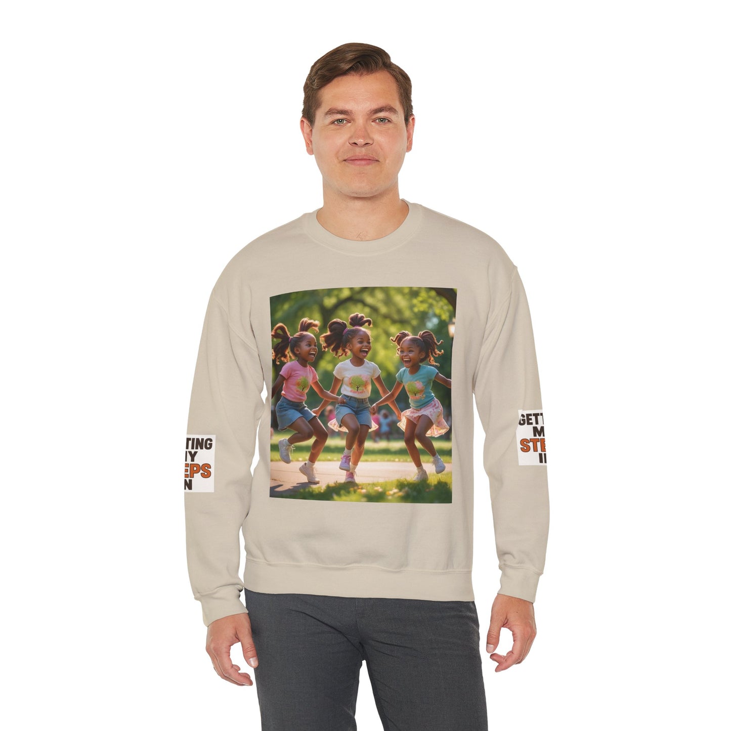 Crewneck Sweatshirt — "Getting My Steps In" Graphic with Kids Playing