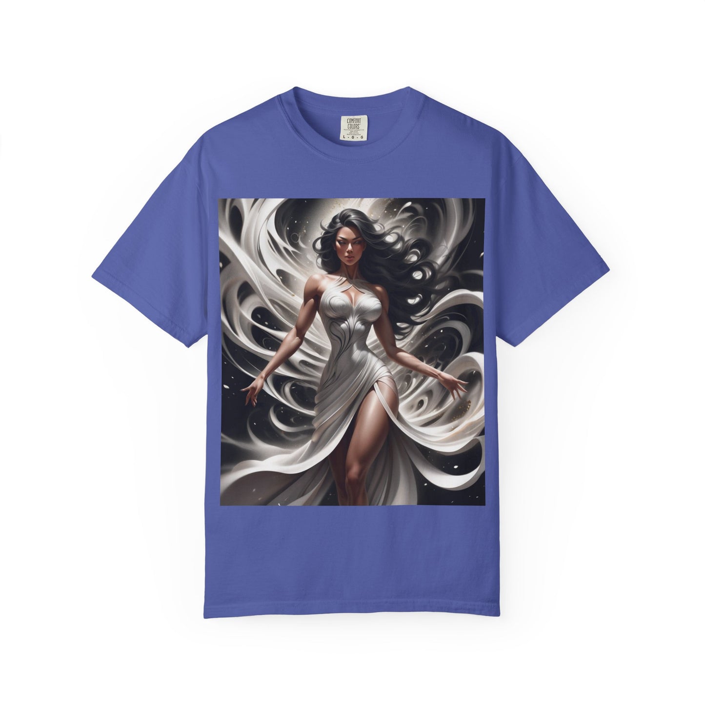 Goddess Art T-Shirt — Elegant White-Draped Fantasy Woman Print