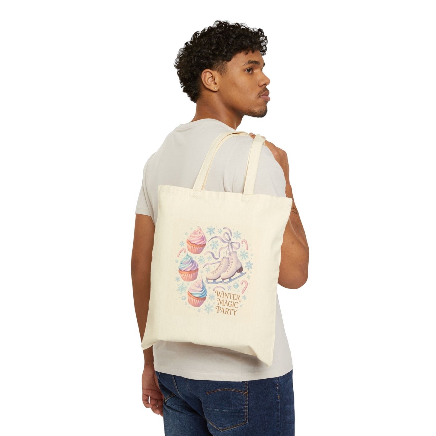 Winter Magic Party Tote Bag — Pastel Ice Skate & Cupcakes Cotton Canvas Tote
