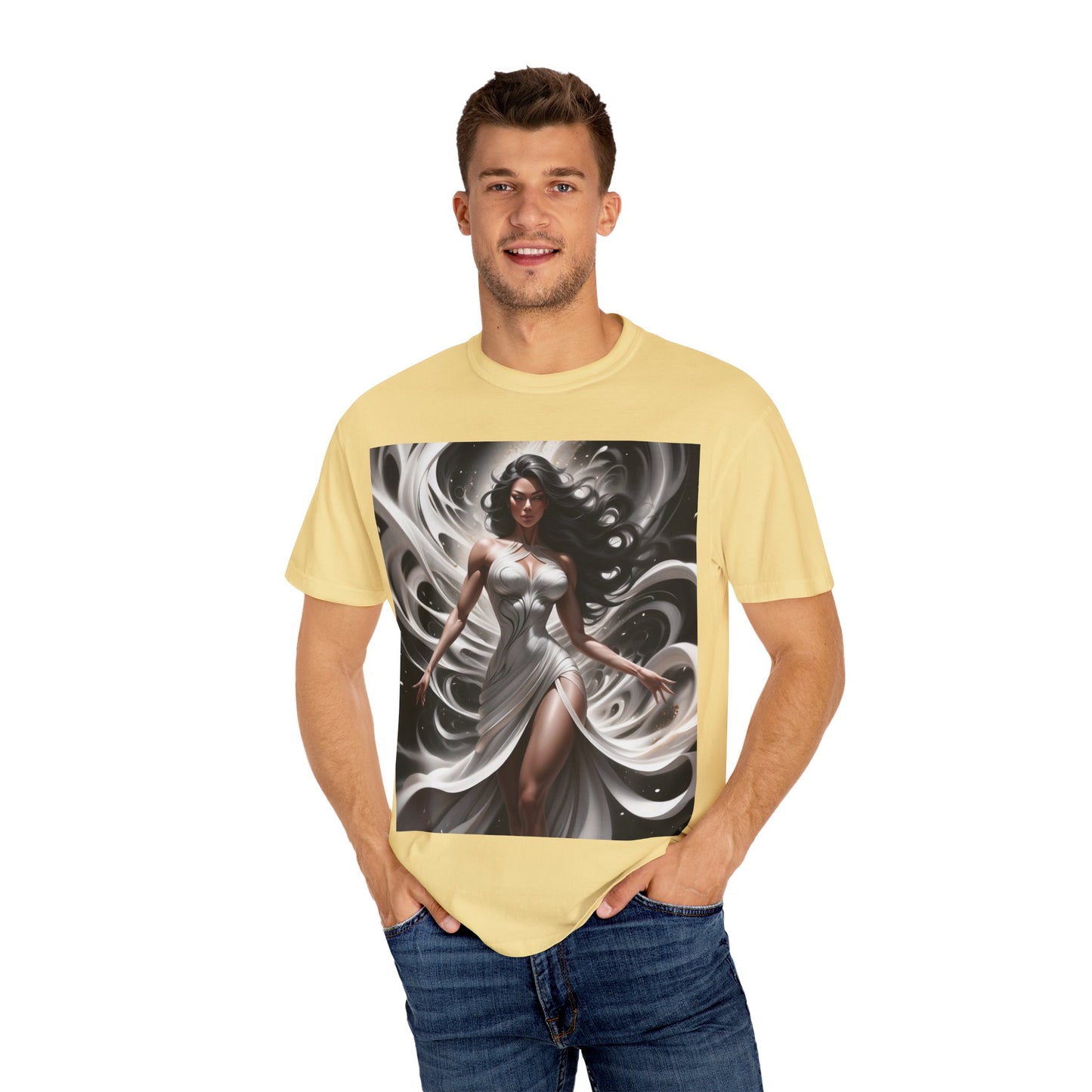 Goddess Art T-Shirt — Elegant White-Draped Fantasy Woman Print