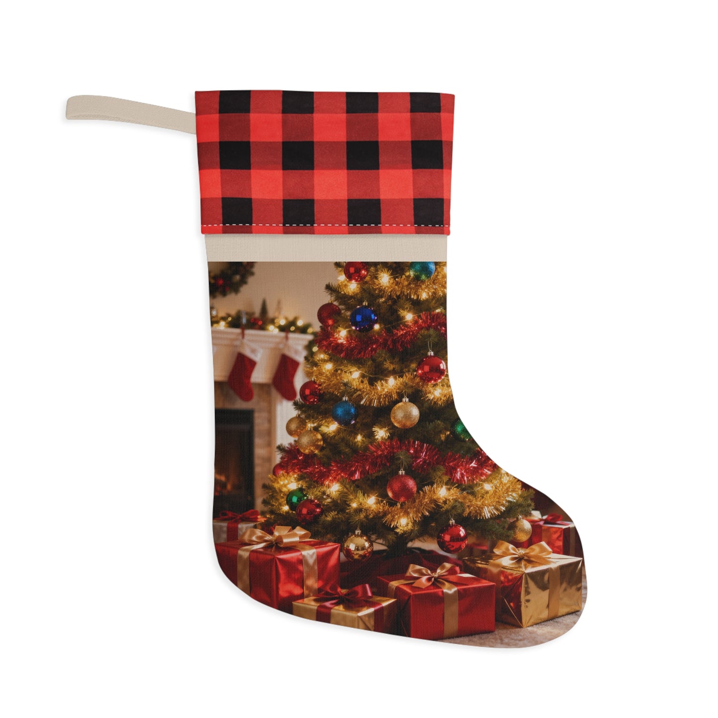 Plaid Cuff Christmas Stocking — Festive Tree & Gifts Holiday Stocking