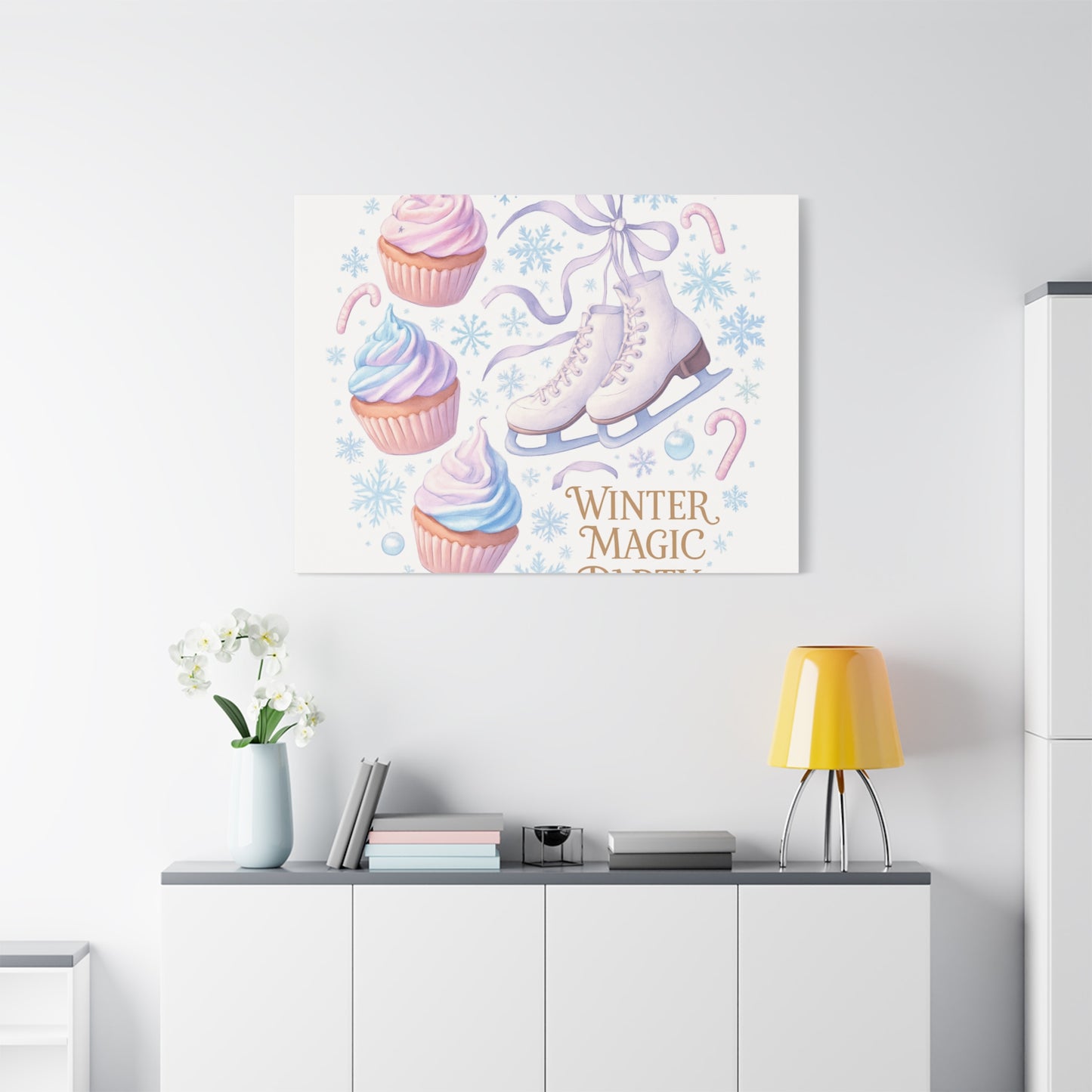 Winter Magic Party Canvas — Ice Skates & Cupcakes Matte Wall Art
