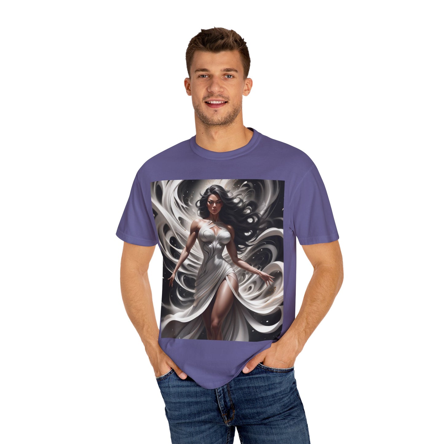 Goddess Art T-Shirt — Elegant White-Draped Fantasy Woman Print