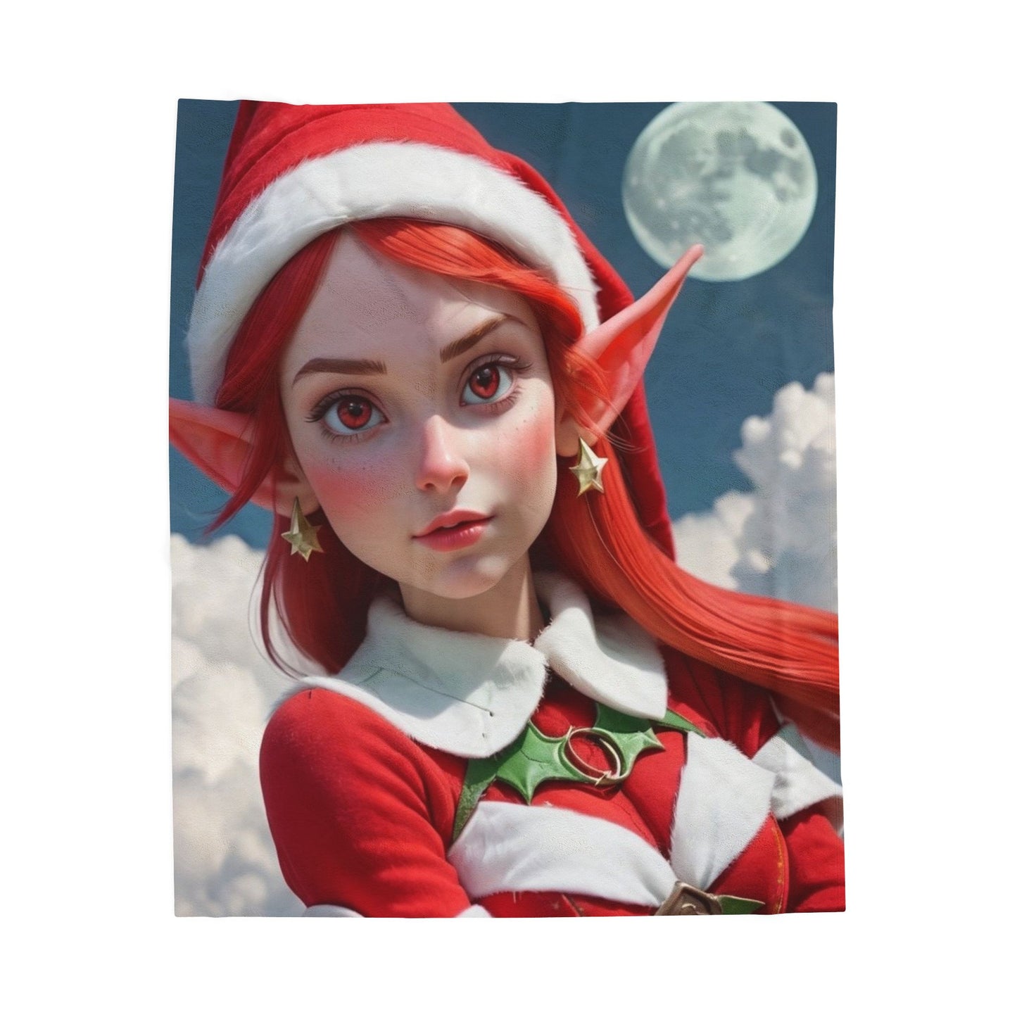 Christmas Elf Velveteen Plush Blanket — Cute Red-Haired Elf Moon Design