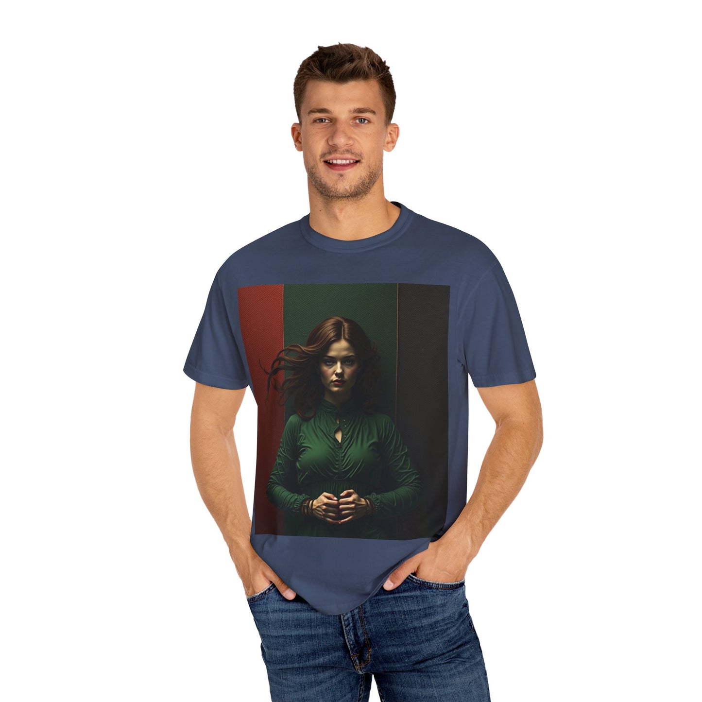 Portrait Photo Tee — Moody Green Woman Graphic T-Shirt