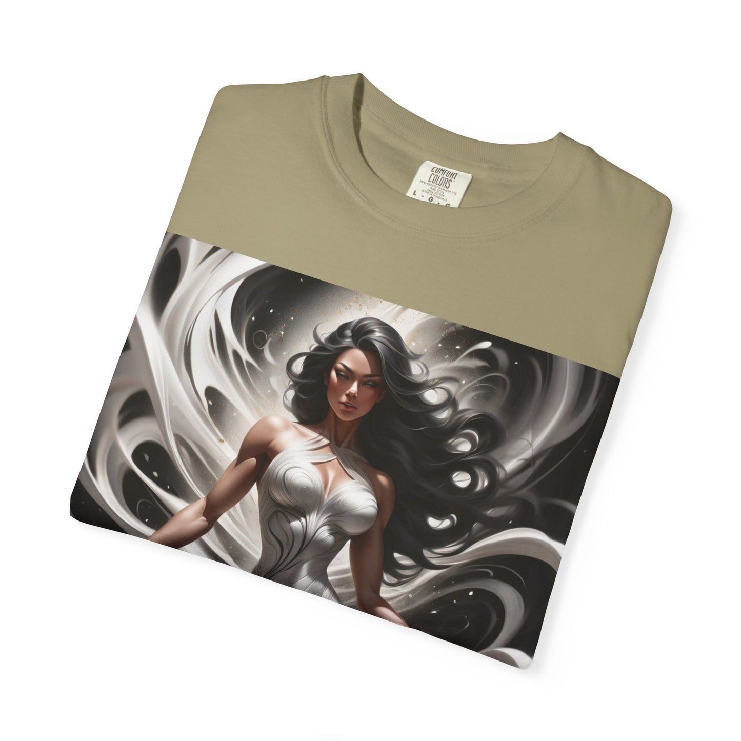 Goddess Art T-Shirt — Elegant White-Draped Fantasy Woman Print