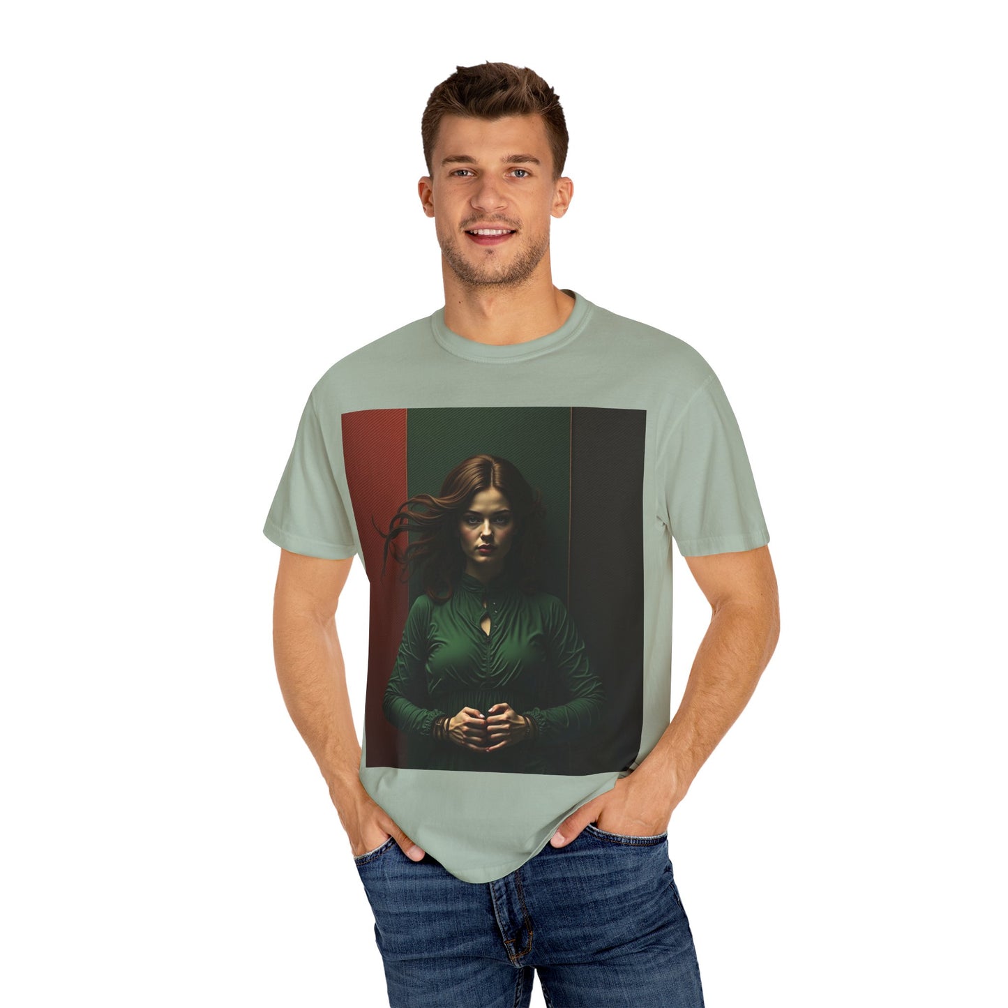 Portrait Photo Tee — Moody Green Woman Graphic T-Shirt