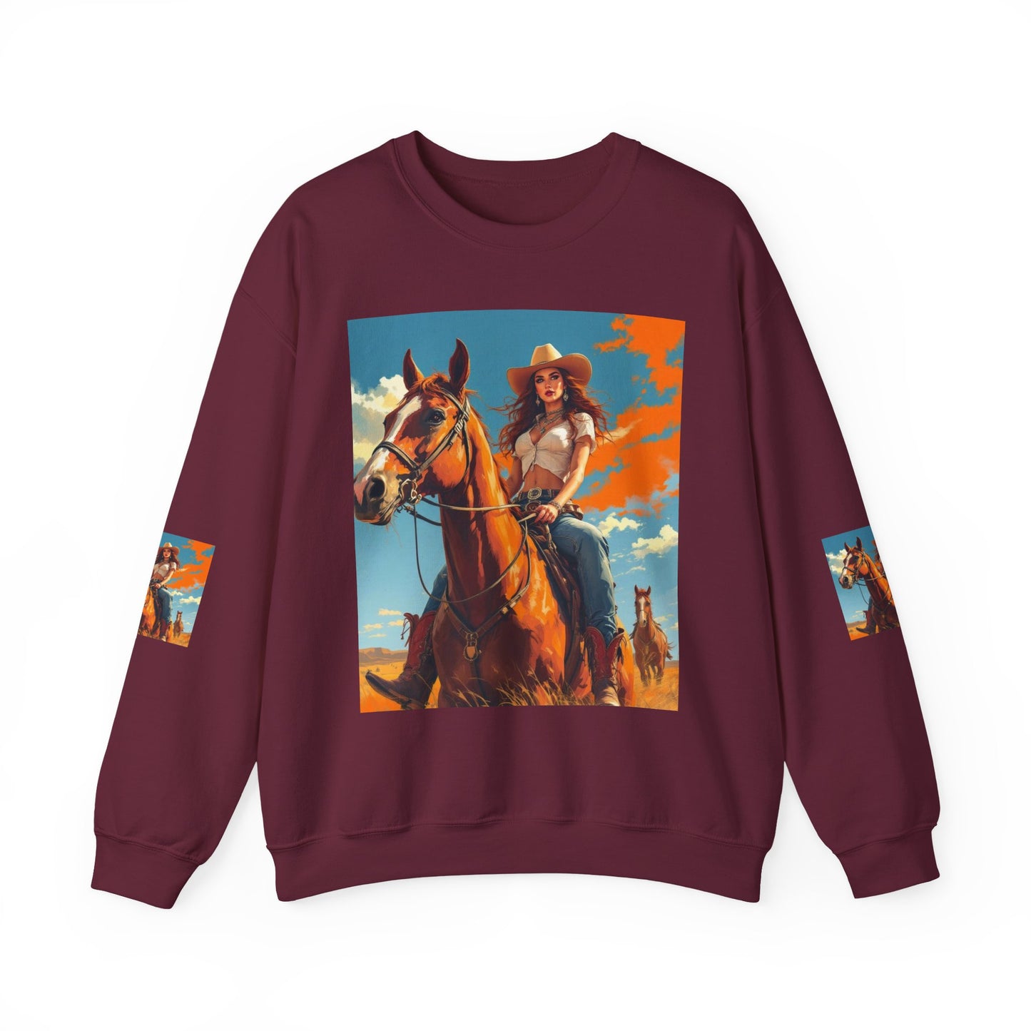 Cowgirl Riding Horse Sweatshirt — Western Sunset Graphic Crewneck