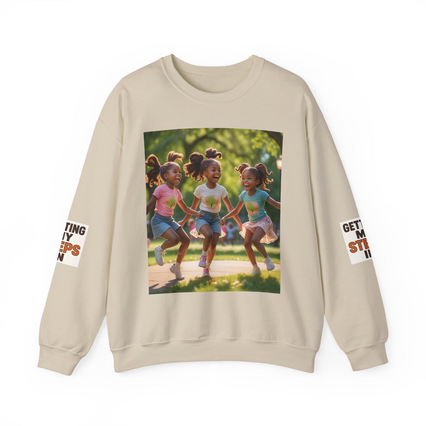 Crewneck Sweatshirt — "Getting My Steps In" Graphic with Kids Playing