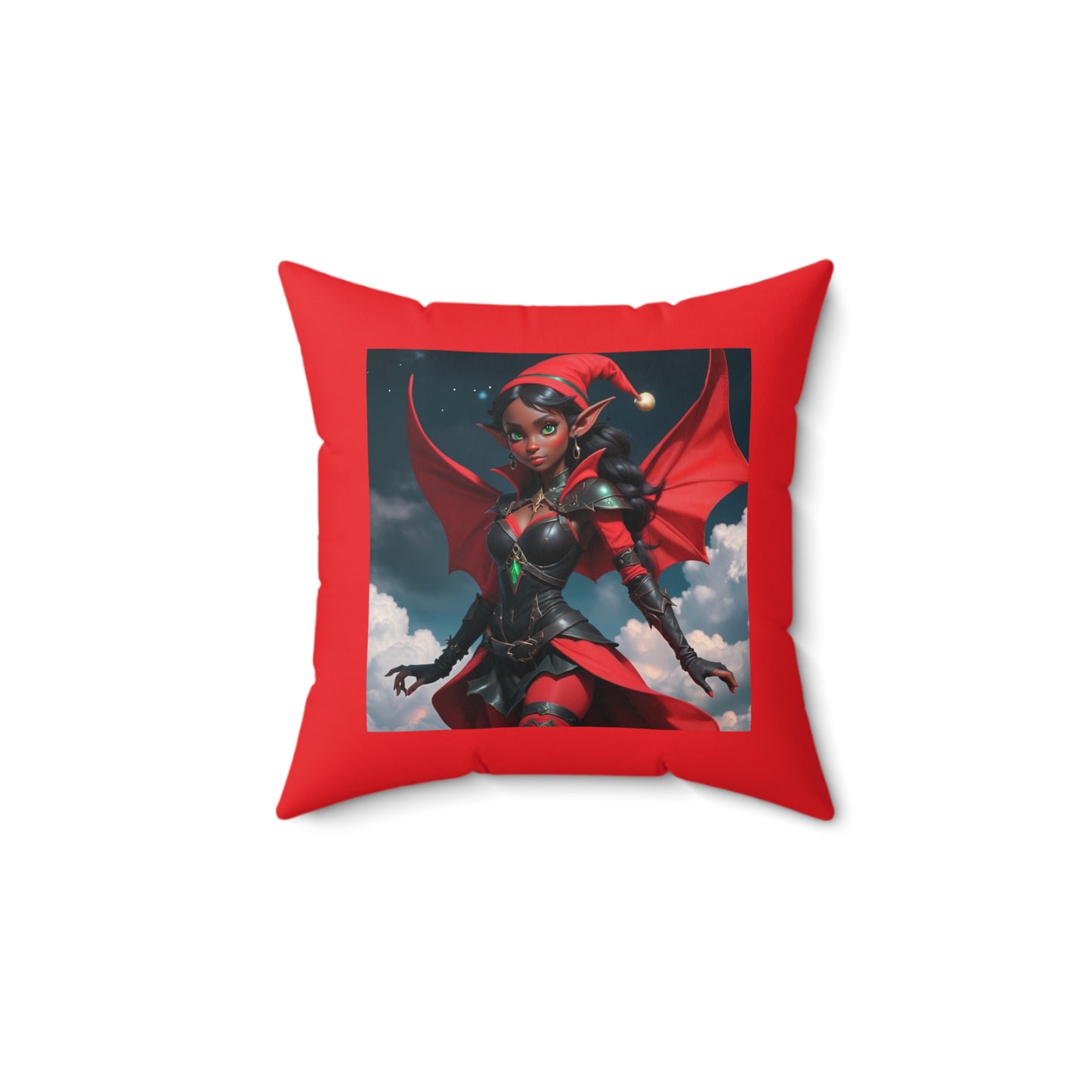 Dragon Warrior Elf Square Pillow — Festive Red Fantasy Throw Pillow