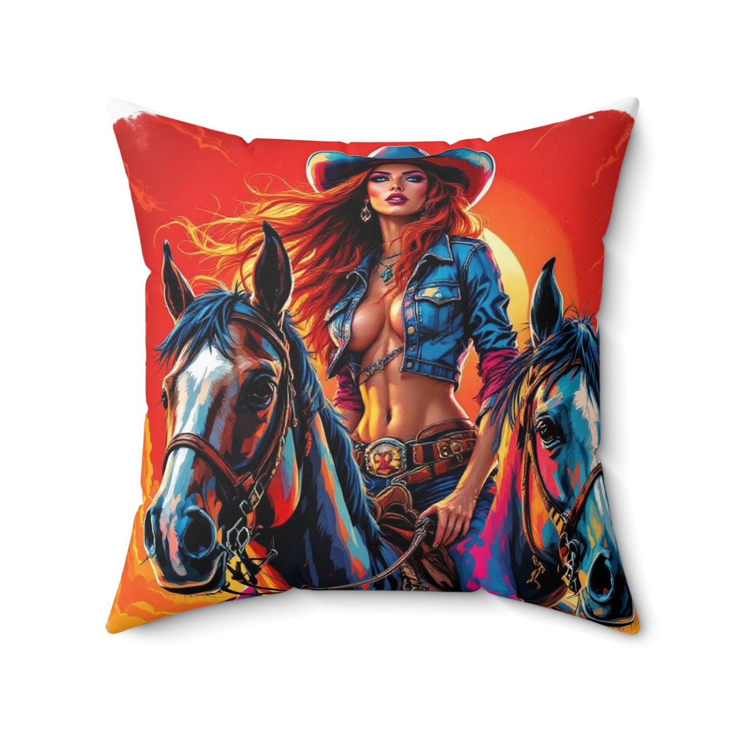 Cowgirl & Horses Graphic Pillow — Vibrant Western Art Throw Pillow