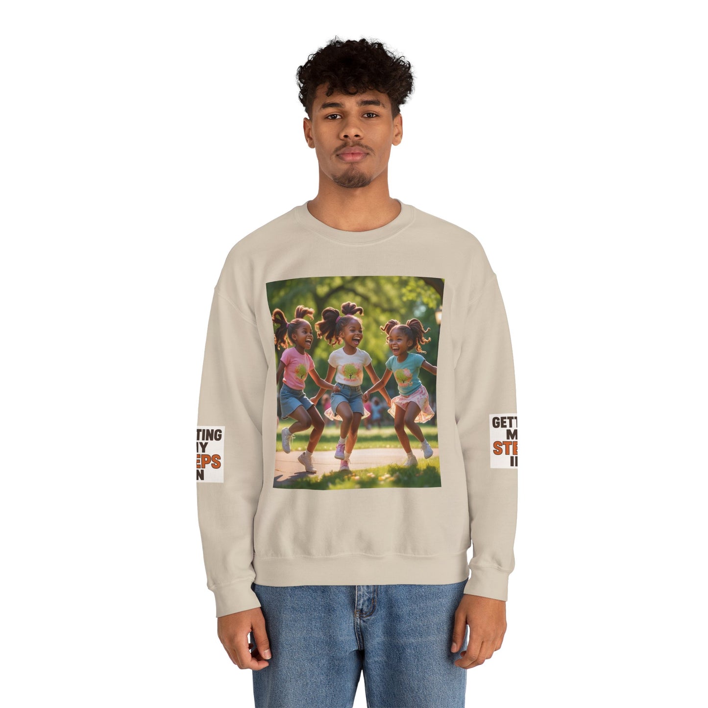 Crewneck Sweatshirt — "Getting My Steps In" Graphic with Kids Playing