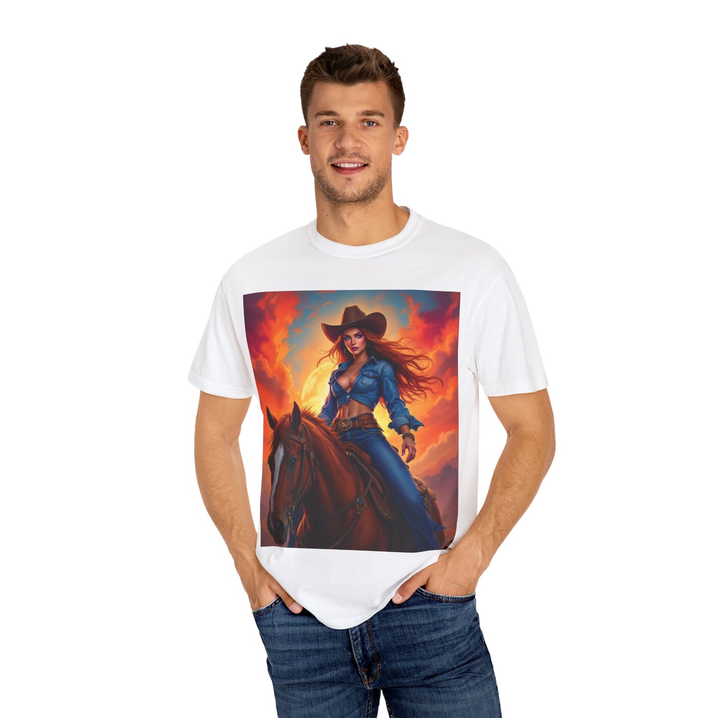 Cowgirl on Horseback T-Shirt — Western Sunset Graphic Tee