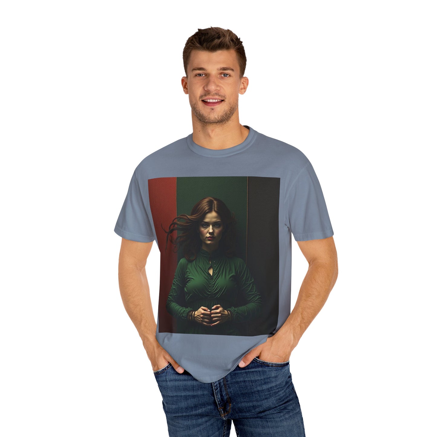 Portrait Photo Tee — Moody Green Woman Graphic T-Shirt