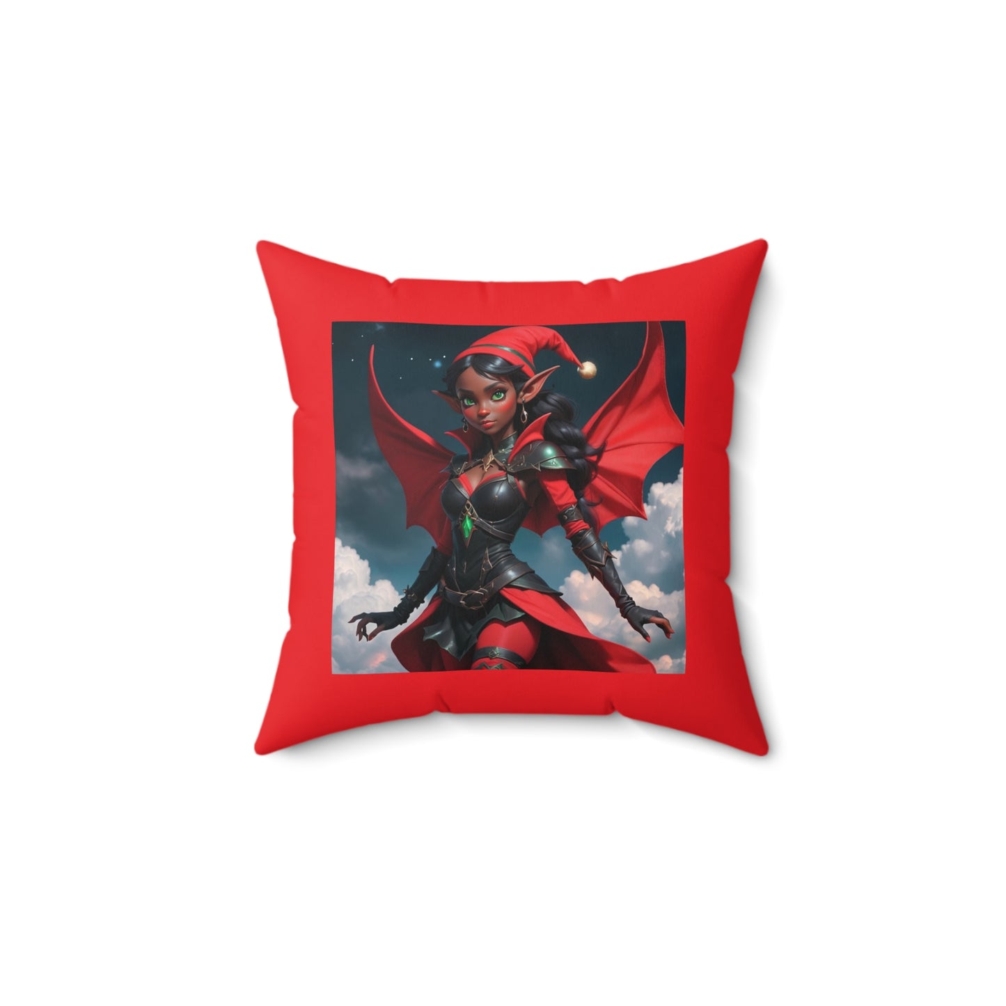 Dragon Warrior Elf Square Pillow — Festive Red Fantasy Throw Pillow