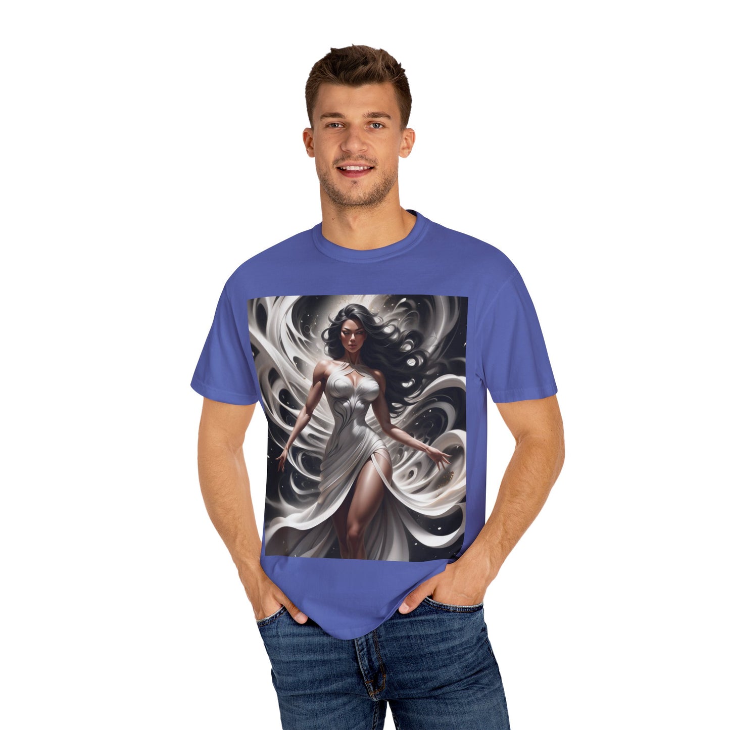 Goddess Art T-Shirt — Elegant White-Draped Fantasy Woman Print