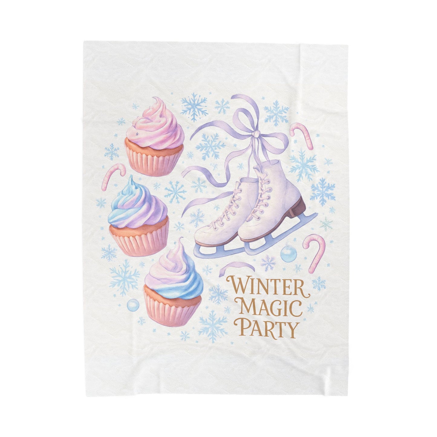 Winter Magic Party Velveteen Plush Blanket — Ice Skates & Cupcakes Cozy Throw