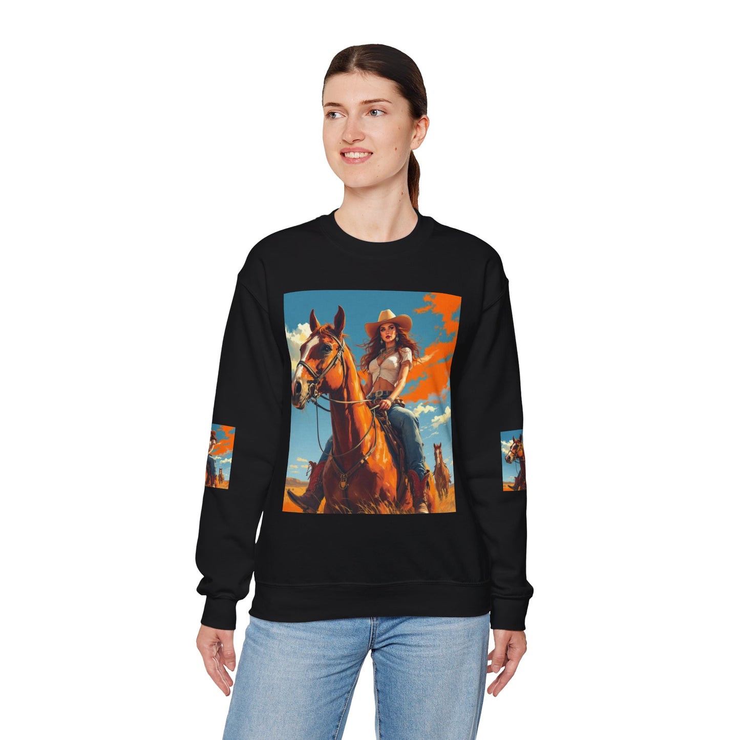 Cowgirl Riding Horse Sweatshirt — Western Sunset Graphic Crewneck