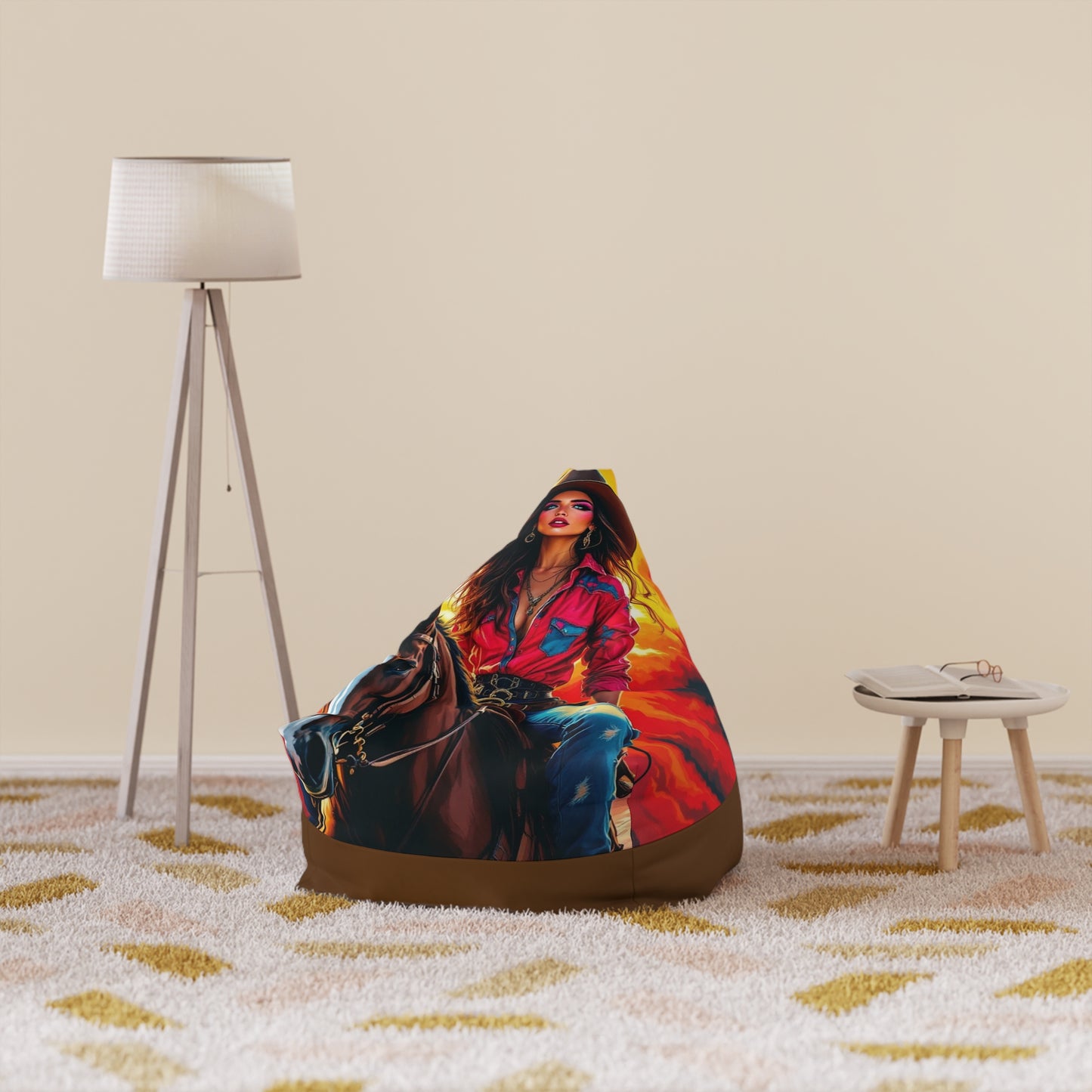 Cowgirl Sunset Bean Bag Cover — Western Horse Rider Accent Chair Cover