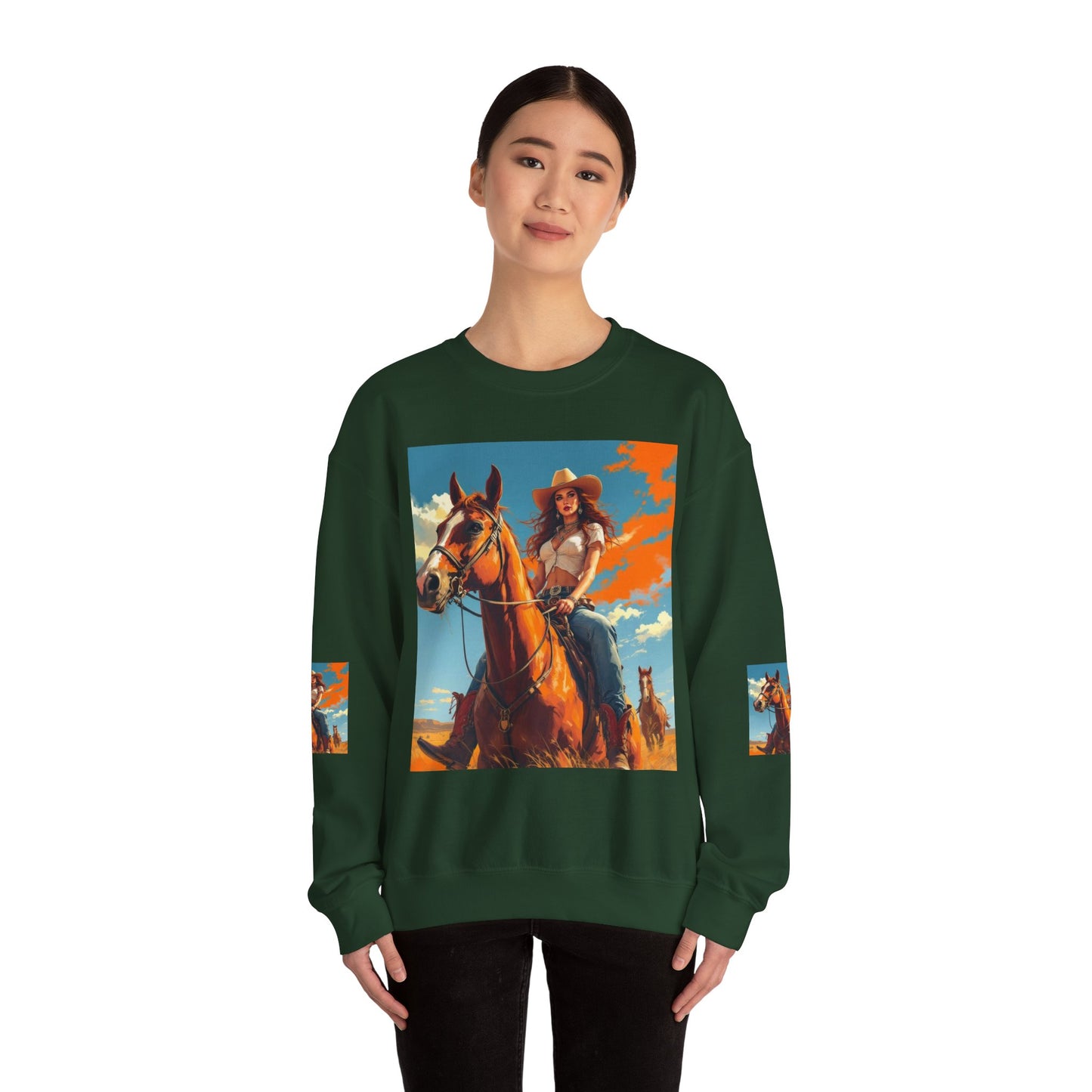 Cowgirl Riding Horse Sweatshirt — Western Sunset Graphic Crewneck