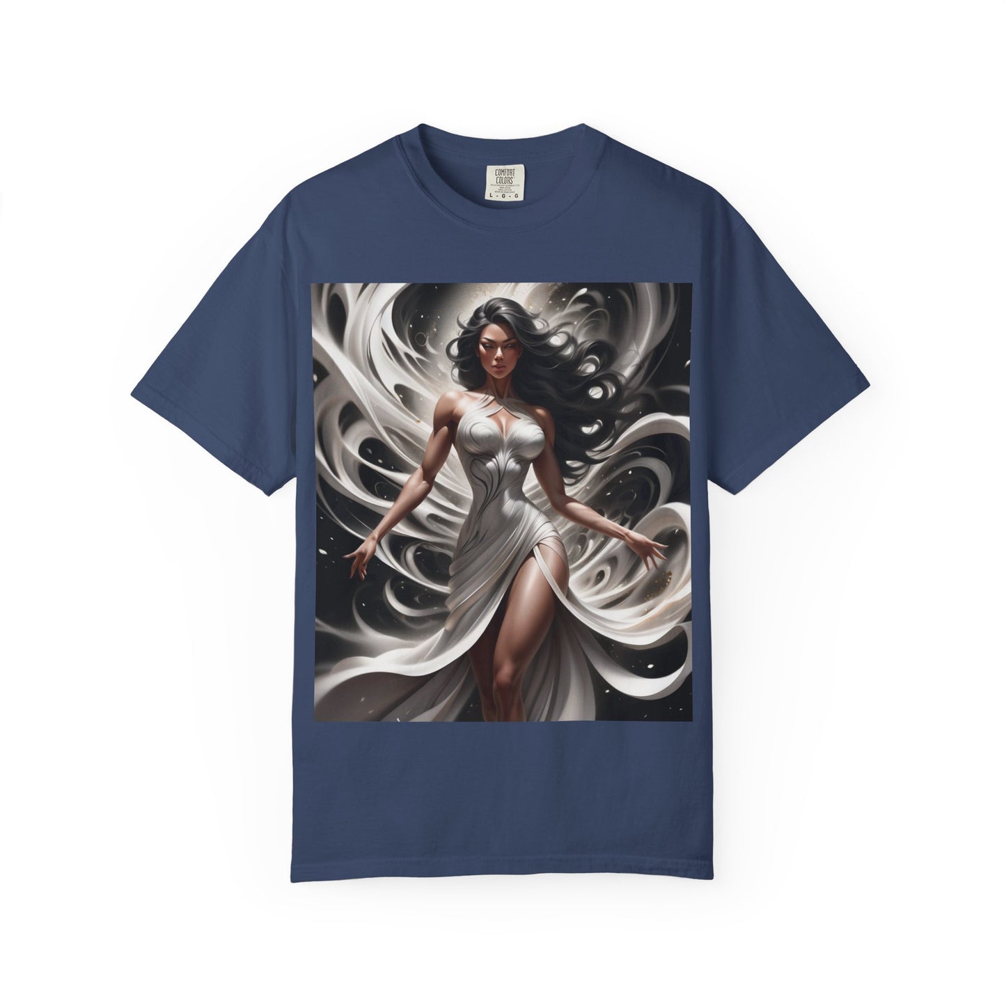 Goddess Art T-Shirt — Elegant White-Draped Fantasy Woman Print