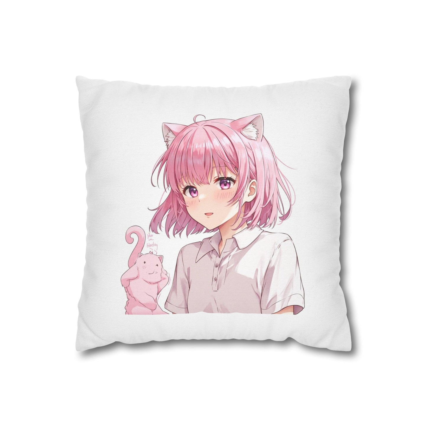 Anime Catgirl Pillowcase — Pink Neko Girl with Kitten Accent
