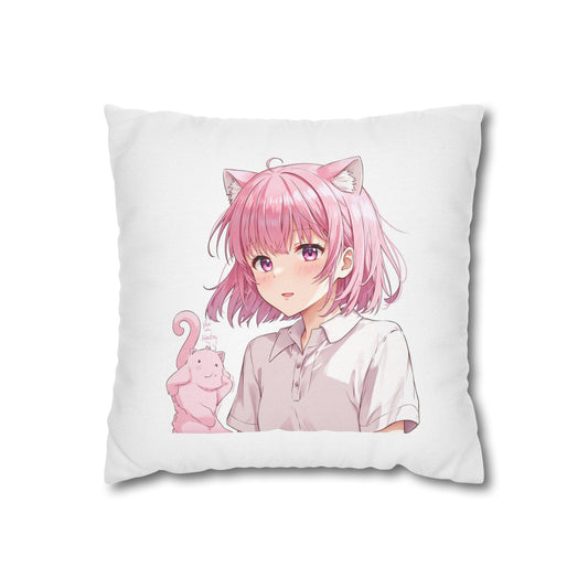 Anime Catgirl Pillowcase — Pink Neko Girl with Kitten Accent