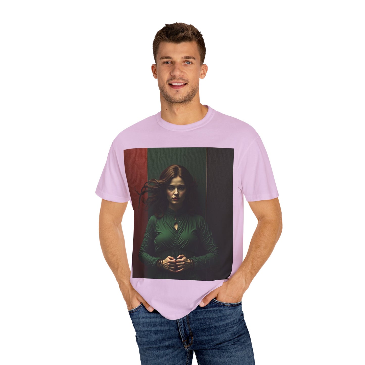 Portrait Photo Tee — Moody Green Woman Graphic T-Shirt