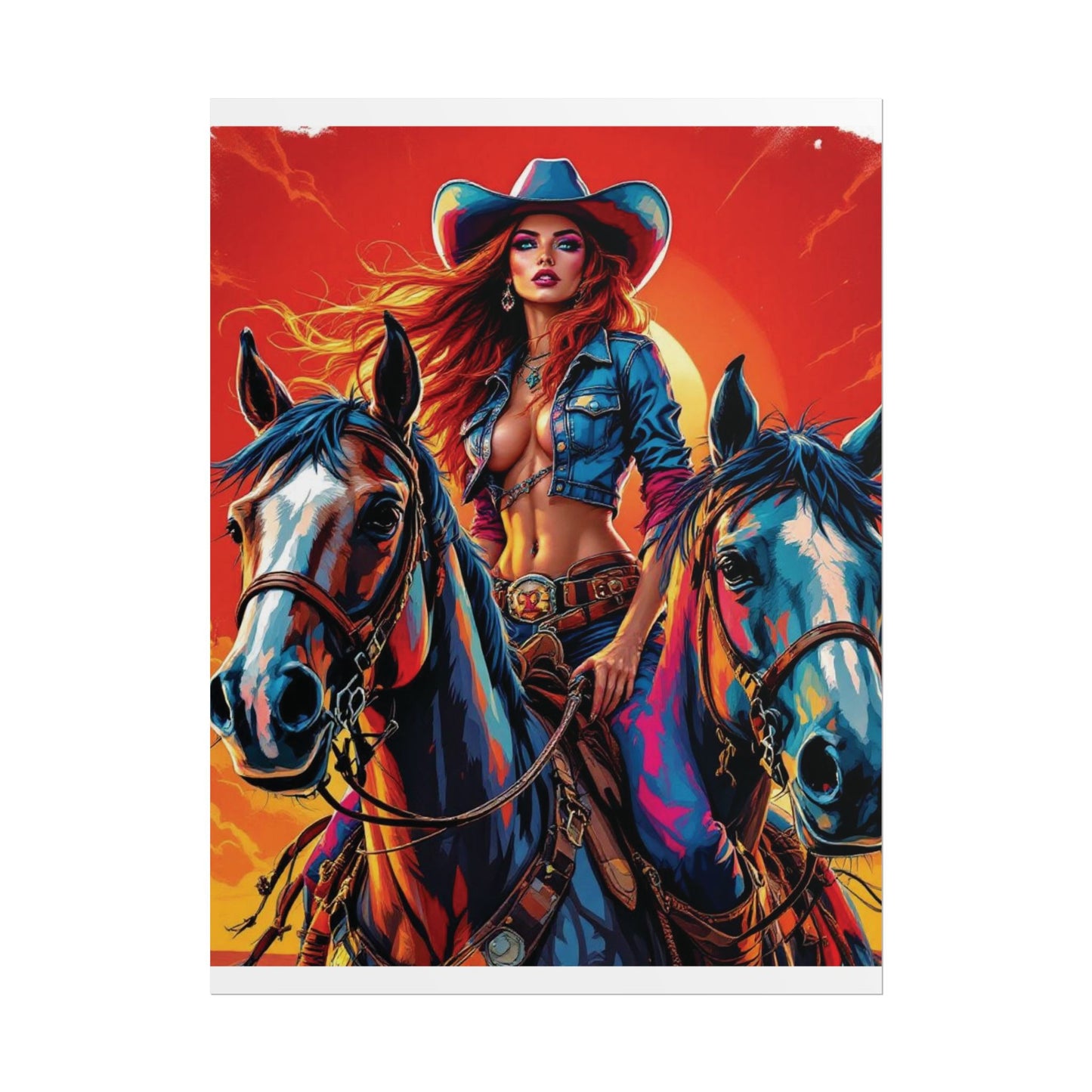 Cowgirl Poster — Vibrant Western Cowgirl Art Print with Horses