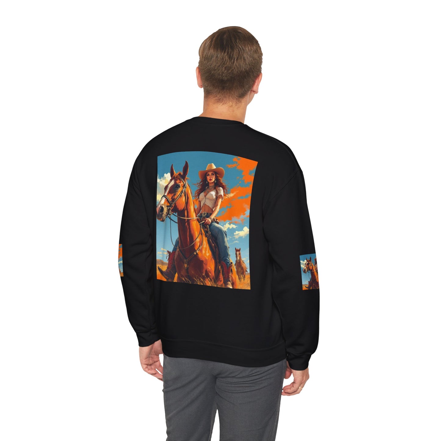 Cowgirl Riding Horse Sweatshirt — Western Sunset Graphic Crewneck