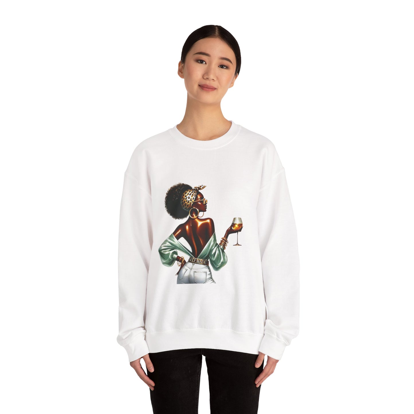 Afro Chic Woman Holding Wine Crewneck Sweatshirt — Stylish Black Girl Art Pullover