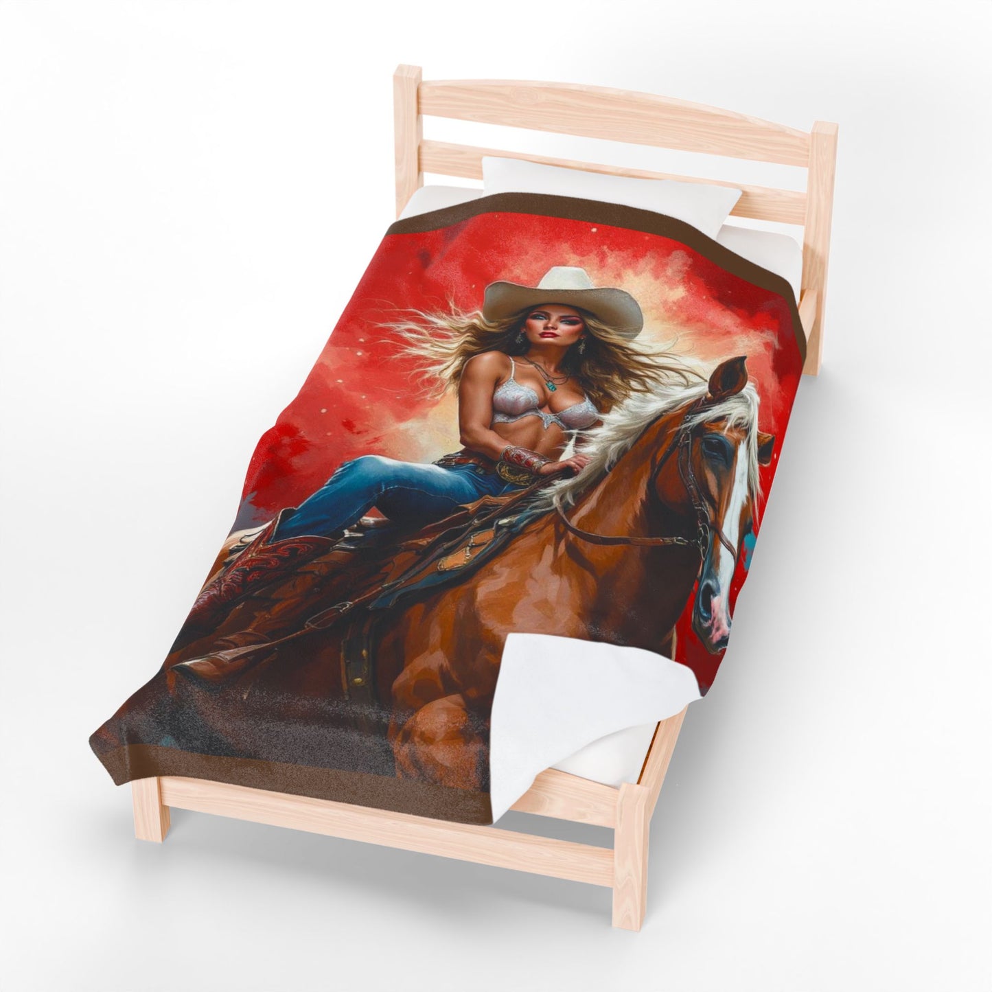 Cowgirl on Horse Velveteen Plush Blanket – Western Rodeo Decorative Throw