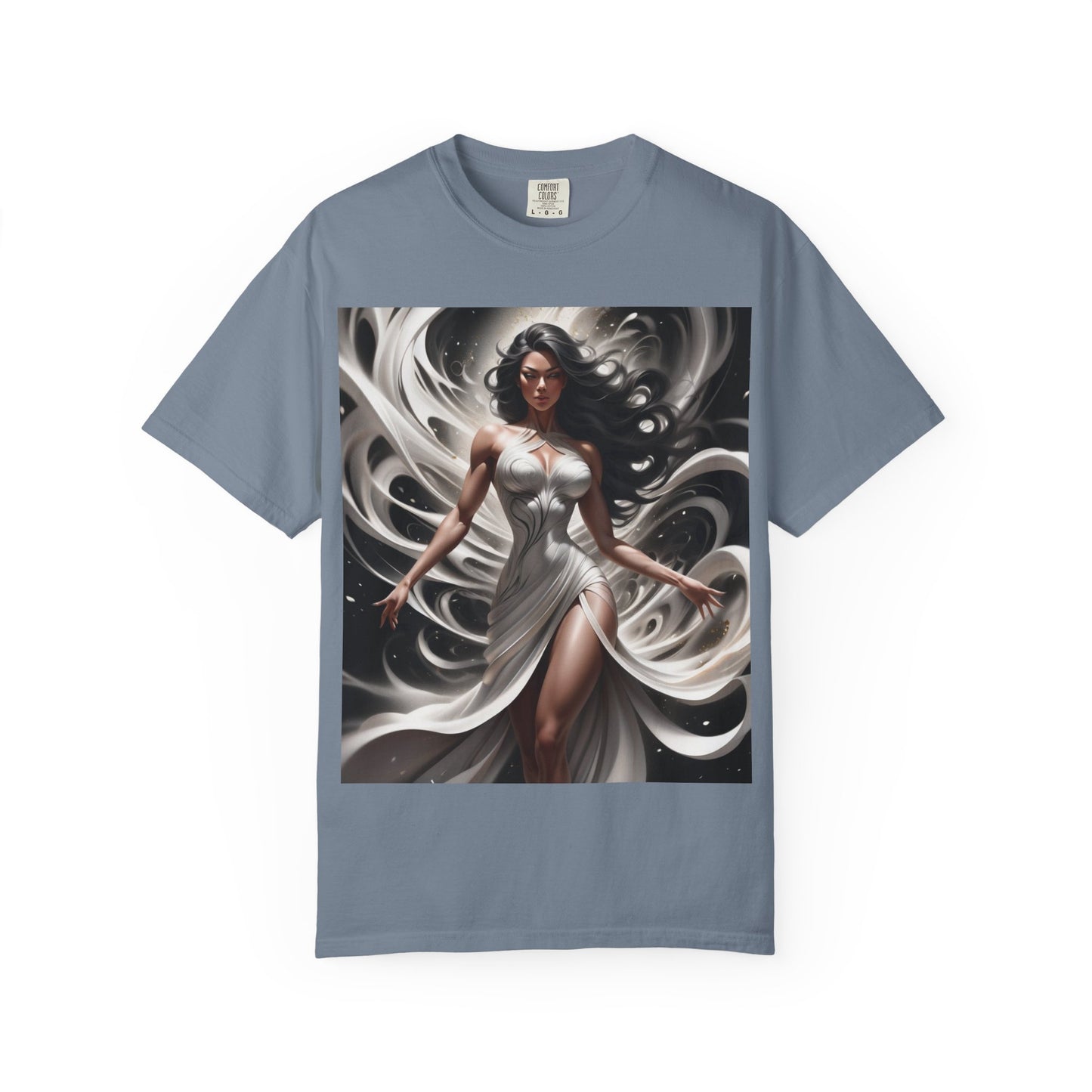Goddess Art T-Shirt — Elegant White-Draped Fantasy Woman Print