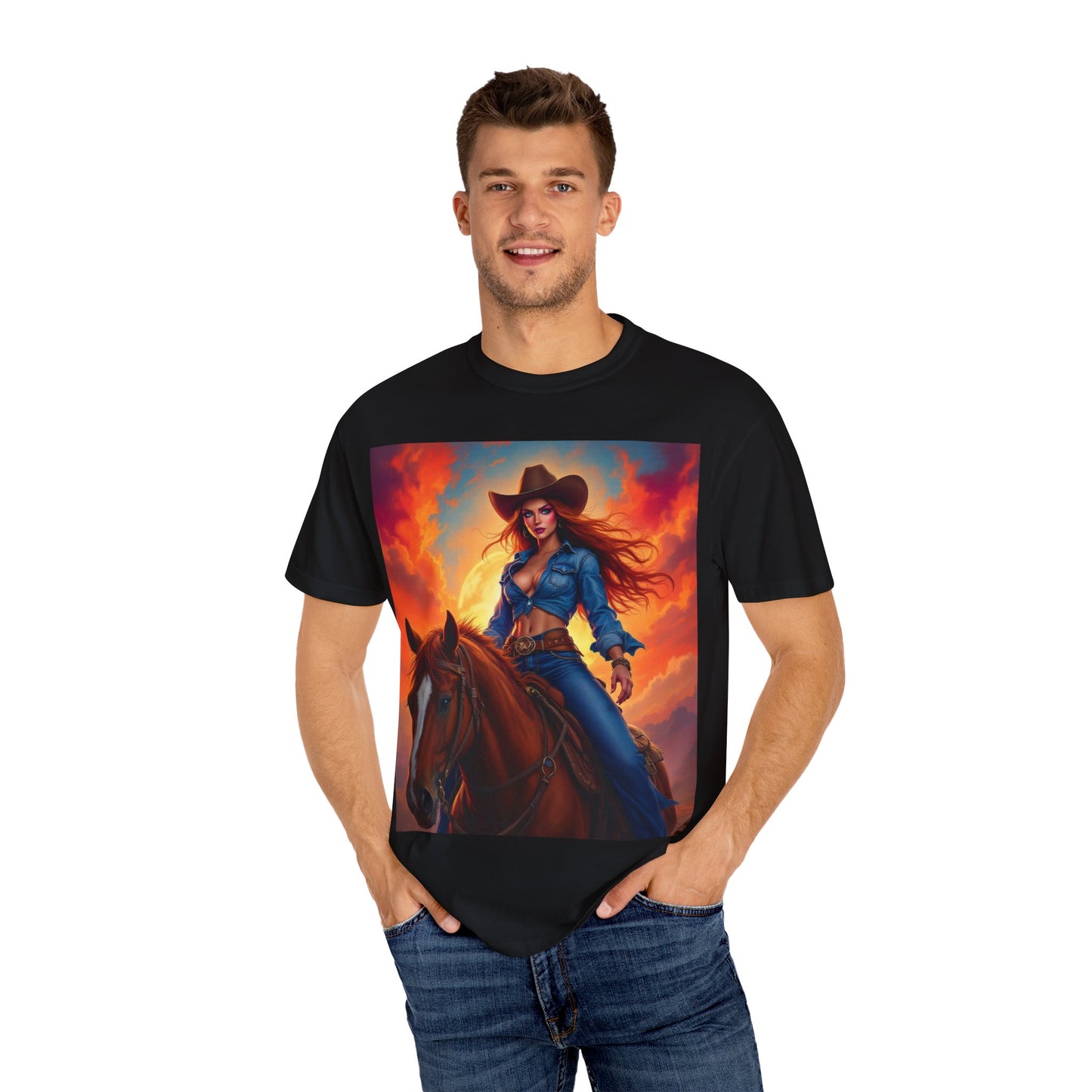 Cowgirl on Horseback T-Shirt — Western Sunset Graphic Tee