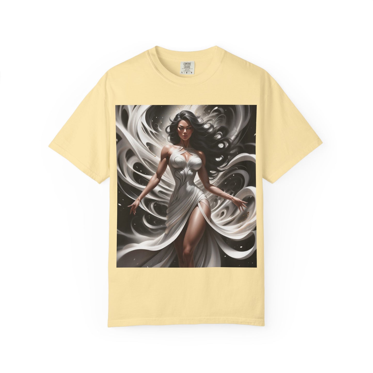 Goddess Art T-Shirt — Elegant White-Draped Fantasy Woman Print