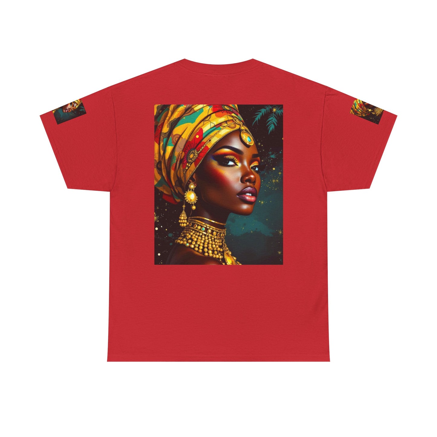 African Queen Portrait T-Shirt — Bold Headwrap & Gold Jewelry Graphic Tee