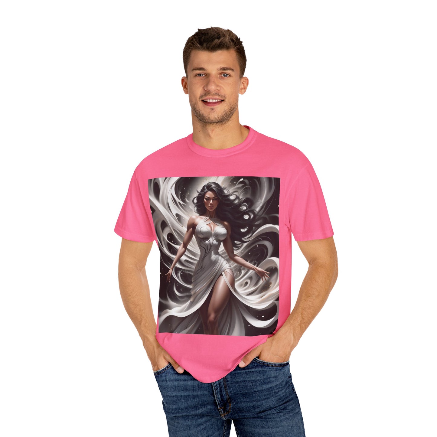Goddess Art T-Shirt — Elegant White-Draped Fantasy Woman Print