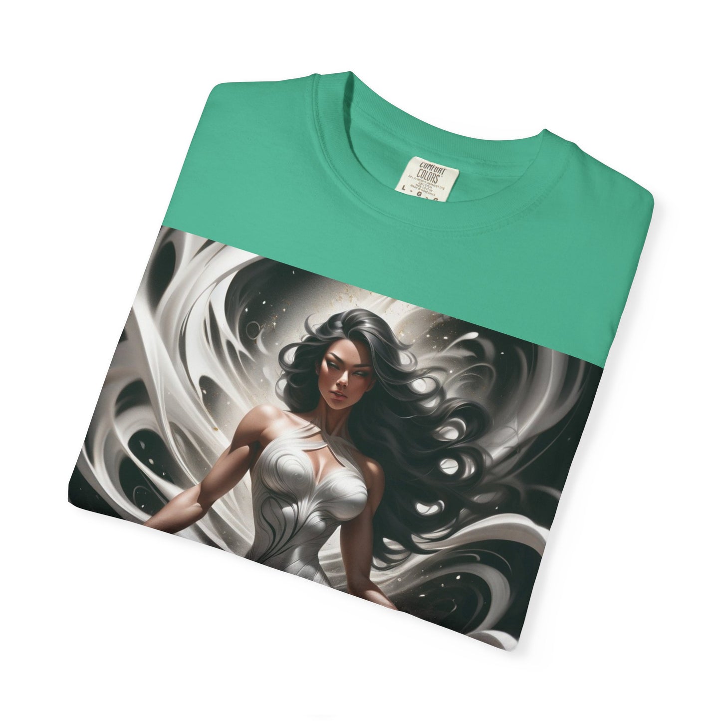 Goddess Art T-Shirt — Elegant White-Draped Fantasy Woman Print