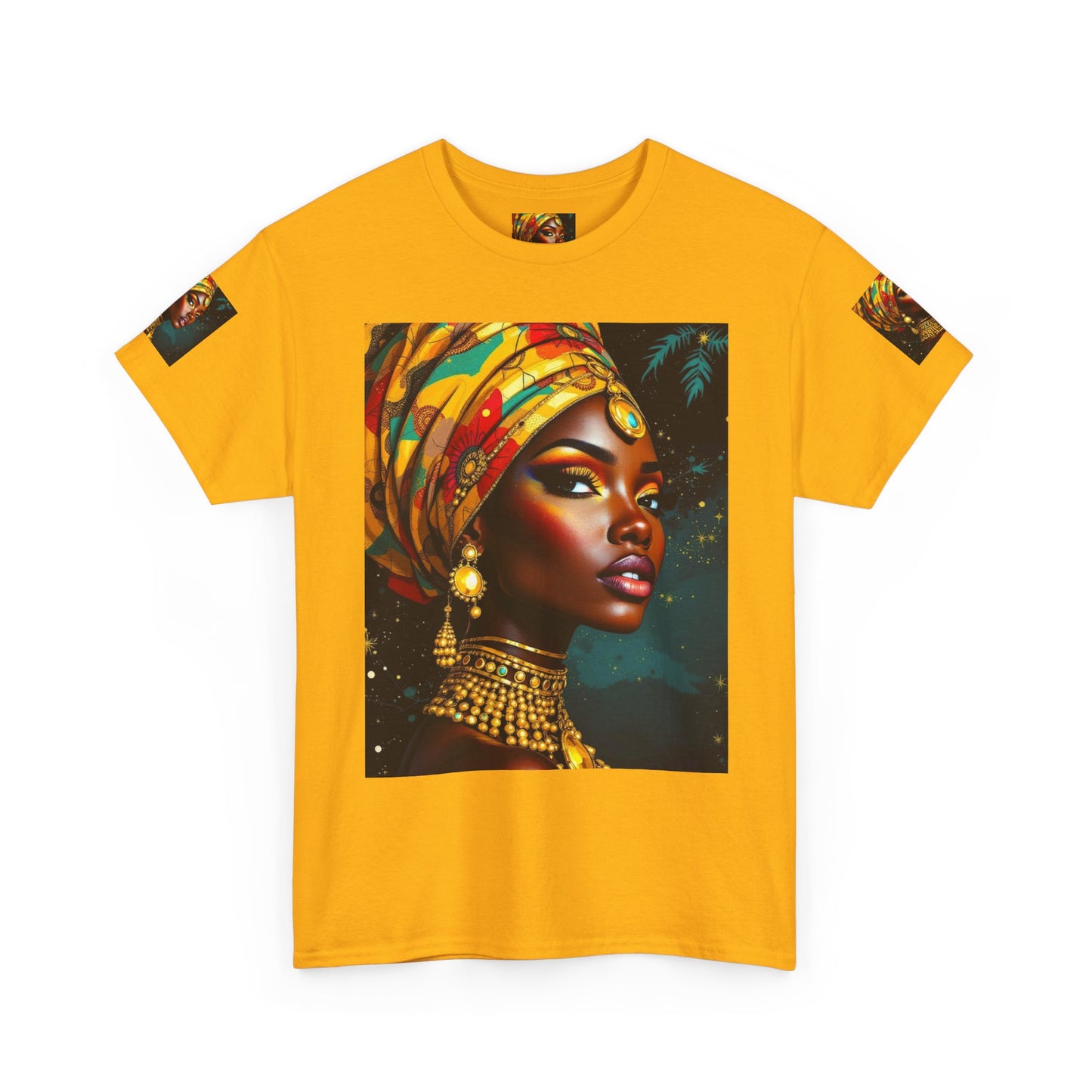 African Queen Portrait T-Shirt — Bold Headwrap & Gold Jewelry Graphic Tee