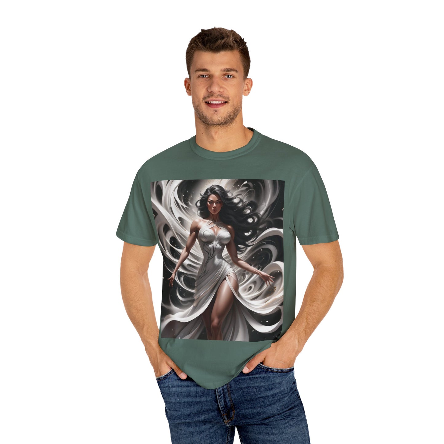 Goddess Art T-Shirt — Elegant White-Draped Fantasy Woman Print
