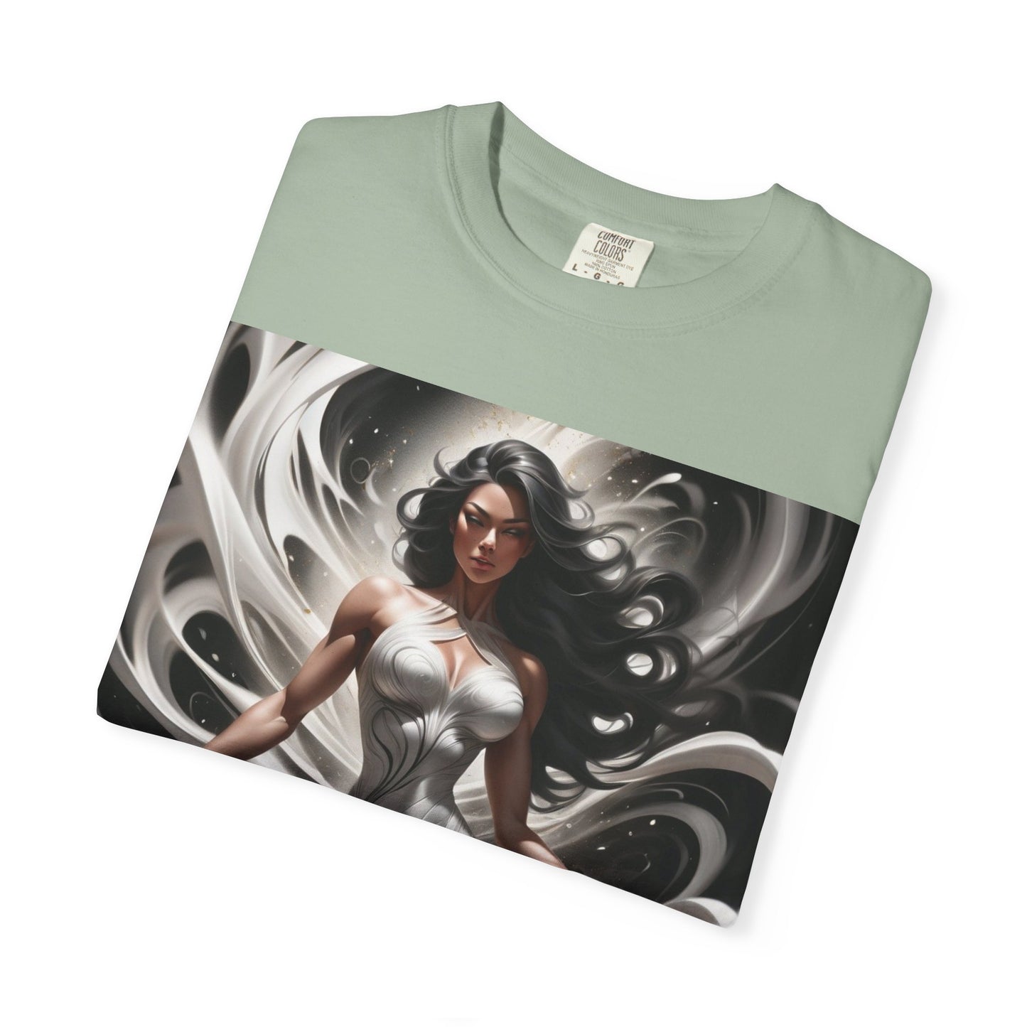 Goddess Art T-Shirt — Elegant White-Draped Fantasy Woman Print