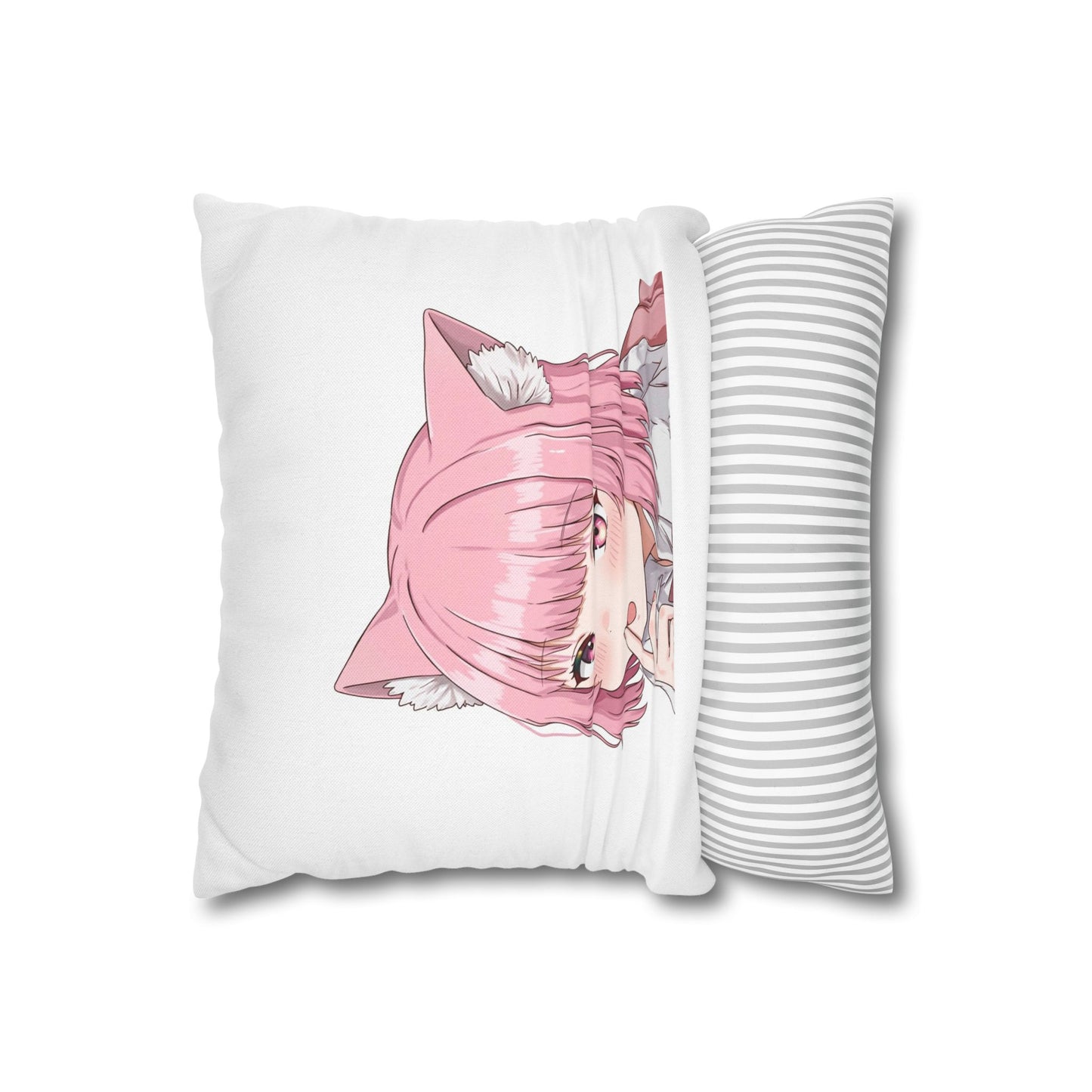 Anime Catgirl Pillowcase — Pink Neko Girl Decorative Throw Pillow