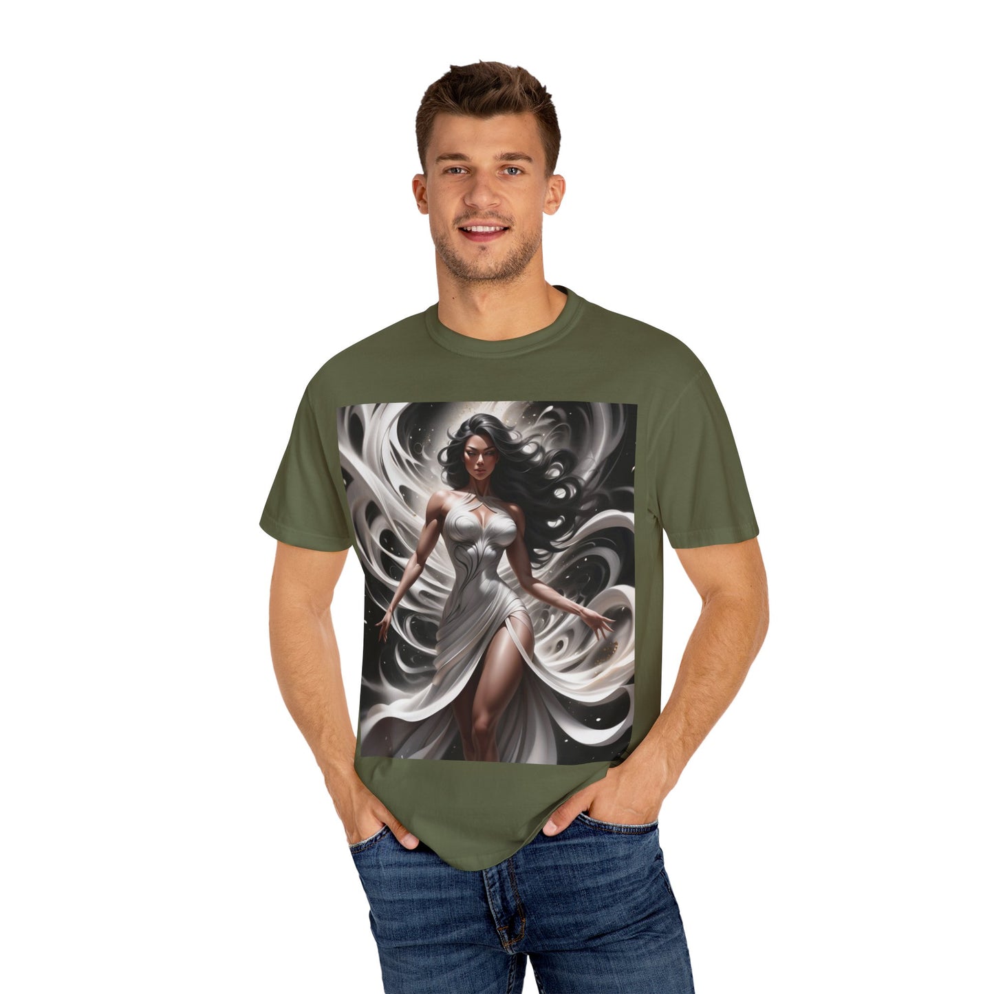 Goddess Art T-Shirt — Elegant White-Draped Fantasy Woman Print