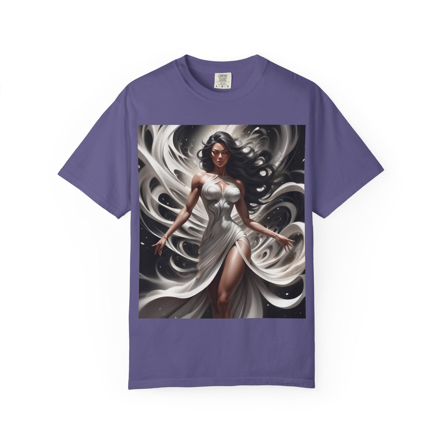 Goddess Art T-Shirt — Elegant White-Draped Fantasy Woman Print