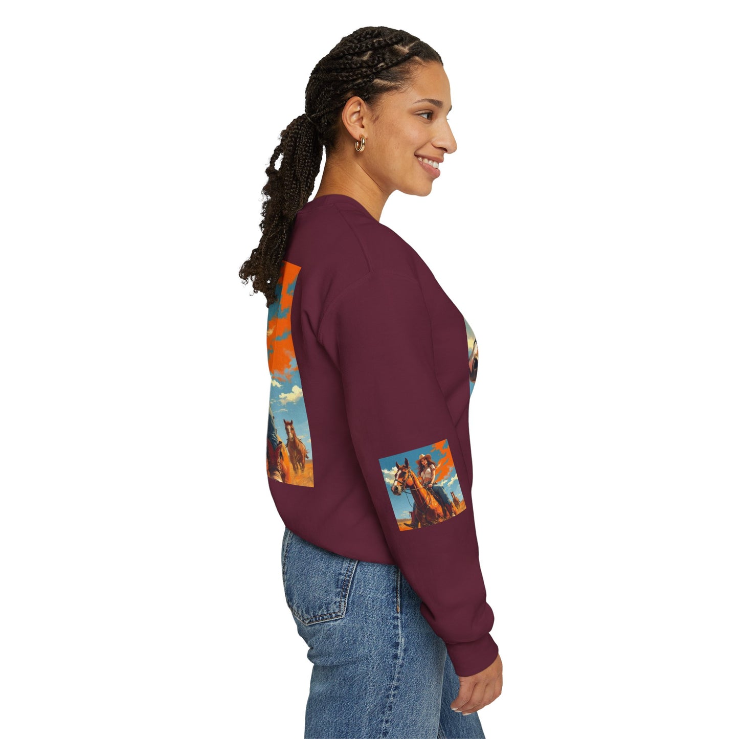 Cowgirl Riding Horse Sweatshirt — Western Sunset Graphic Crewneck