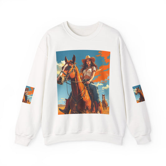 Cowgirl Riding Horse Sweatshirt — Western Sunset Graphic Crewneck